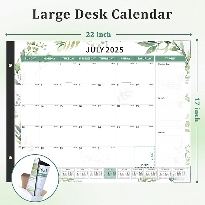 Ospelelf Desk Calendar 2025-2026 Large 22"x17" Monthly Family Planner Pad with Protective Cover 18 Months July 2025 to December 2026 Floral Green