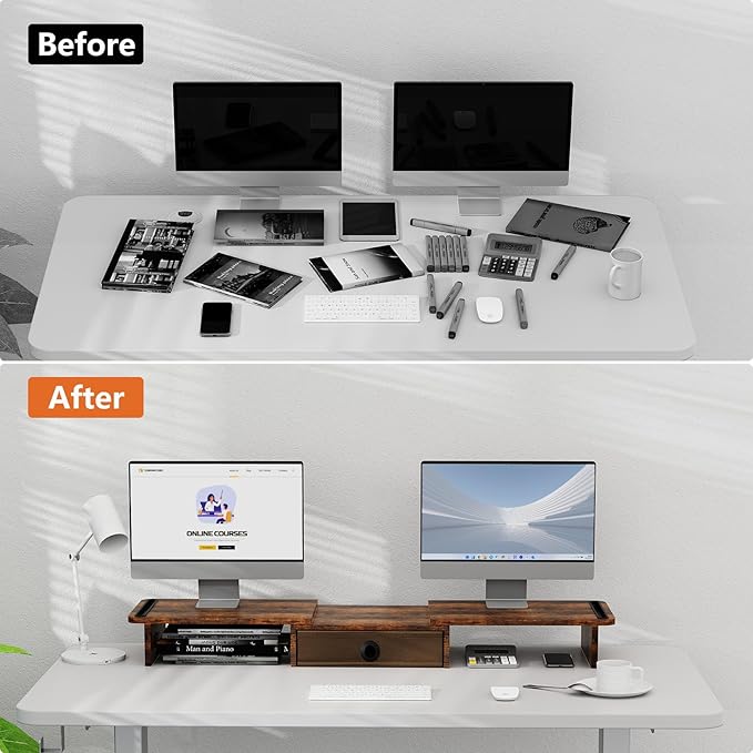 Dual Monitor Stand Riser with Drawer-Adjustable Length and Angle, Monitor Stand Riser for 2 Monitors, Desktop Organizer Stand for Computer/Laptop/PC/Printer (Rust Brown)
