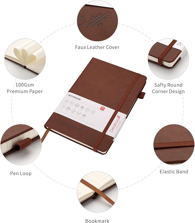 Deziliao Lined Journal Notebooks with Pen Loop, Hardcover Notebook Journal for Work, 100Gsm Premium Thick Paper with Inner Pocket, Medium 5.7"x8.4", （Brown, Ruled）