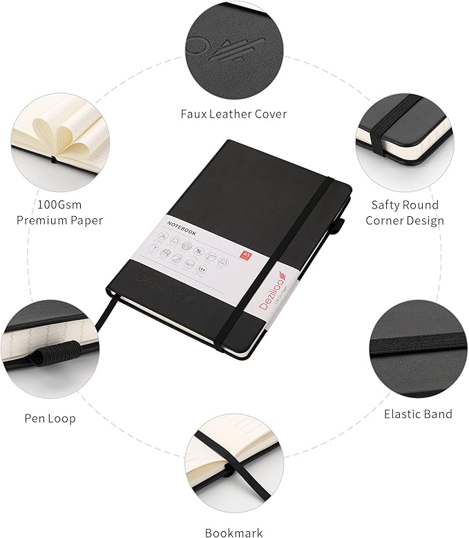 Deziliao Lined Journal Notebooks with Pen Loop, Hardcover Notebook Journal for Work, 100Gsm Premium Thick Paper with Inner Pocket, Medium 5.7"x8.4", （Black, Ruled）