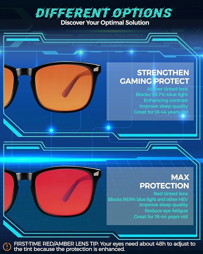 2 Packs Professional Sleep Glasses with 98.7% Blue Light Blocking Dual AR Coatings Amber Lens, Computer Gaming Glasses for Men Women, Anti Fatigue & Eye Strain