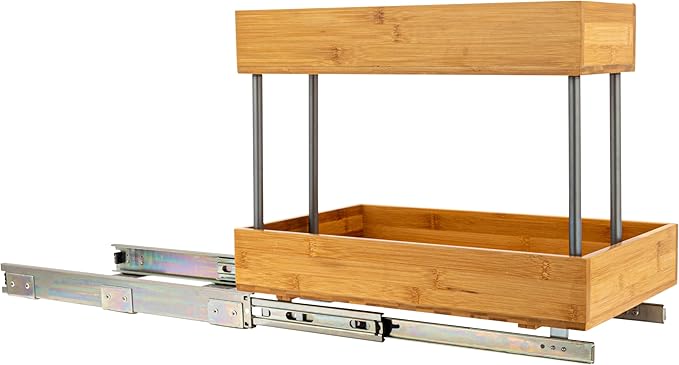 Household Essentials Glidez Steel and Bamboo Pull-Out/Slide-Out Storage Organizer for Under Sink or Cabinet Use - 2 -Tier Design - Fits Standard Size Cabinet or Shelf, Natural and Chrome