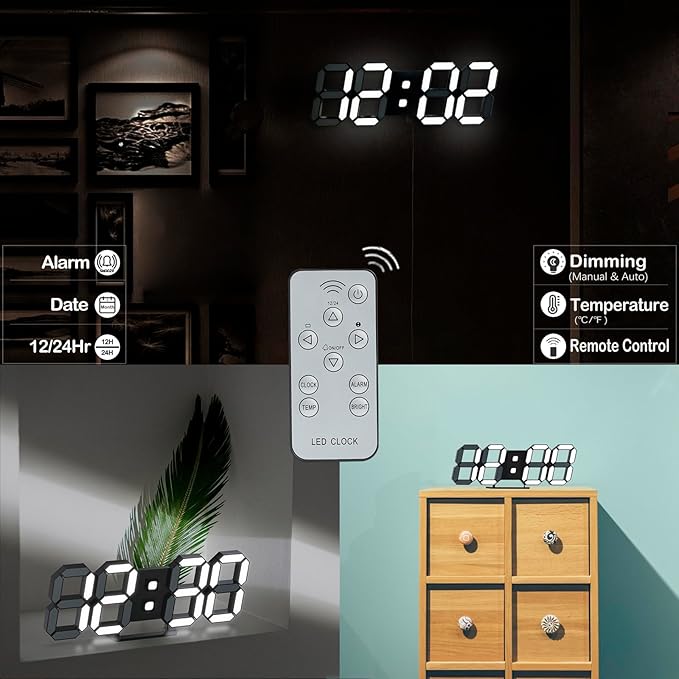 KOSUMOSU Digital Clock 3D LED Wall Clock for Living Room Decor 9.7" Alarm Clocks Black Clock Wall Decor Digital Wall Clock,Remote Control/Dimmer/Date/Temperature