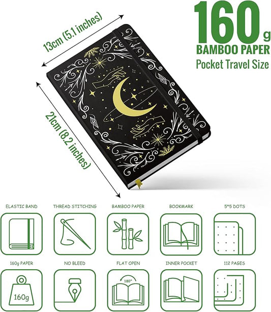 BUKE A5 Dotted Journal – 160gsm Ultra Bamboo Paper, Moon & Star Foil Cover, Flat Lay Notebook with Gift Box – 160 Pages, 5mm Dot Grid, Faux Leather Hardcover (Black)