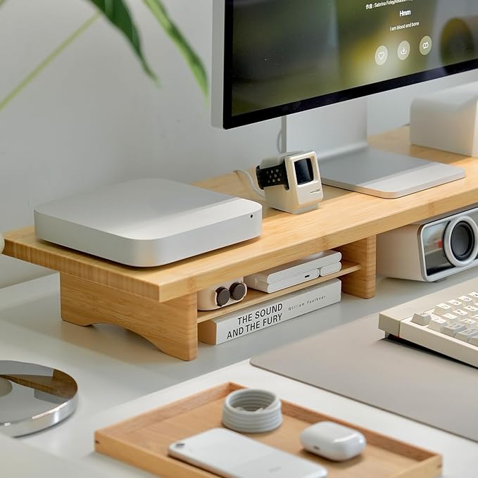 Bamboo Dual Monitor Stand Riser Natural, 2-Tier Desk Monitor Riser for 2 Monitors, Supports for PC Computer Monitor, Printer, Heavy TV Riser up to 300 lbs