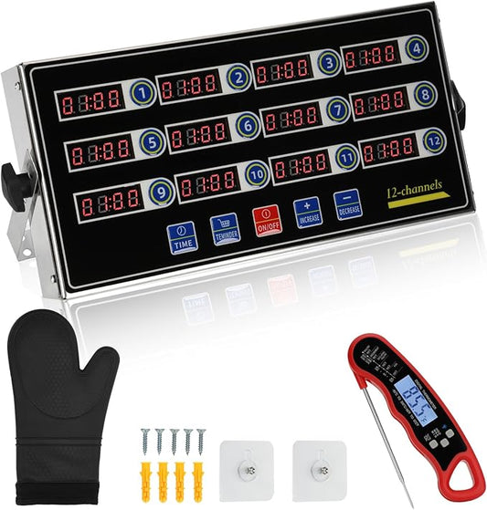 Commercial Kitchen Timers for Cooking, 12-Channel Timer for Commercial Kitchens, Heavy-Duty Loud Alarm Timer for Restaurants, Stainless Steel, LED Technology
