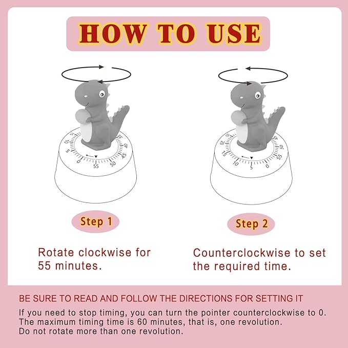 60 Minutes Mechanical Kitchen Timer,Cute Dinosaur Timer for Kids,Wind Up Egg Timer for Cooking,Reading,Classroom and Do Sports. (Pink)