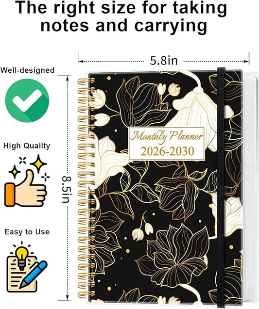 2025-2030 Monthly Planner - 64 Month PLanner Calendar from September 2025 to December 2030, Flexible Cover, Inner Pocket, 5.8" x 8.5", Perfect for Home | School | Office, White Gold Flower