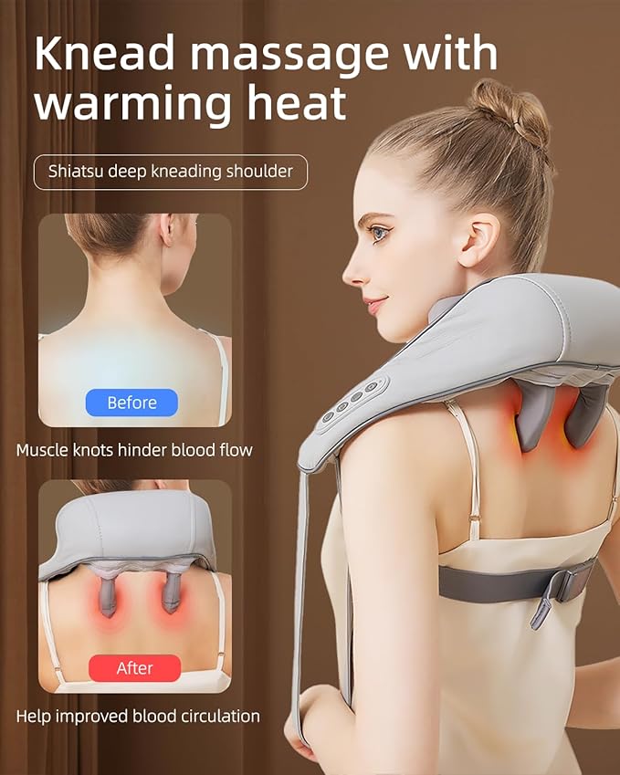 Cordless Neck Shoulder Massager with Heat,Deep Tissue Kneading Relieves Tension Improves Circulation,Gifts for Women,Men,Mom,Dad(Grey)