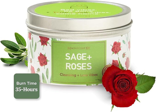 MAGNIFICENT 101 Sage & Roses Aromatherapy Candle for Space Cleansing - 6 oz Soy Wax - 35-Hour Burn - Long-Lasting Fragrance & Manifestation - Meditation Accessory & Spiritual Decor