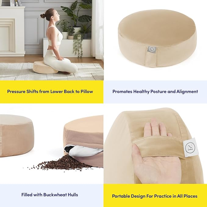Meditation Cushion Bolster Pillow for Restorative Yoga – Supportive Cushion for Meditation, Pilates, and Relaxation – Filled with Buckwheat Hulls - Removable Cover