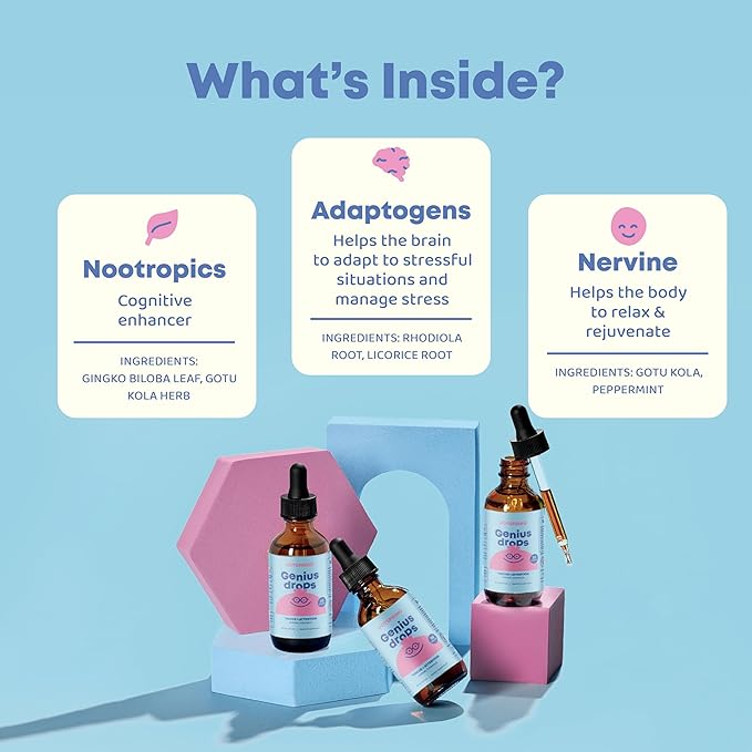 JoySpring Genius Drops - Organic Focus Drops for Kids | Clinically Proven Focus Supplement Helps Kids Perform Better in School | Liquid Herbal Supplement with Ginkgo Biloba (4 fl oz) 120 Servings