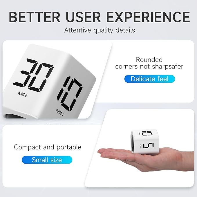 Productivity Timer 1, 5, 10, 30, 60 Minutes Preset, Desk Cube Timer with Gravity Sensor/Mute/Vibration for ADHD, Work, Study, Kitchen, Back to School (2, White&White)