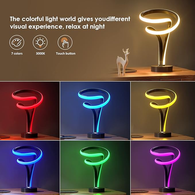 Spiral RGB LED Table Lamp - 7 Colors Touch Dimmable, 10 Lighting Modes Night Light for Bedroom Office, USB Powered Modern Desk Lamp, Ideal Gift (Black)