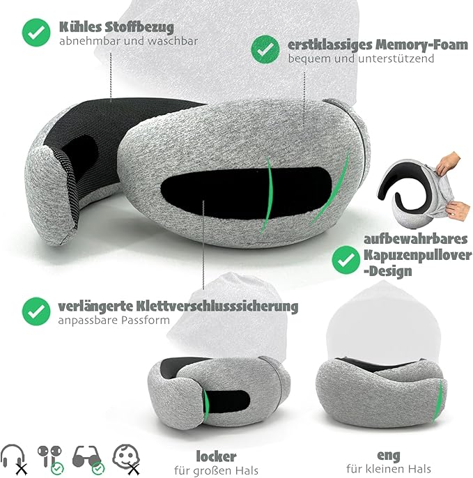 Ergonomic Travel Neck Pillow with Stowable Hood,Neck Pillow Airplane,Premium Memory Foam,360º Contoured Design,Washable Cover,Complete Travel Set,Ideal for Airplane,Car and Office