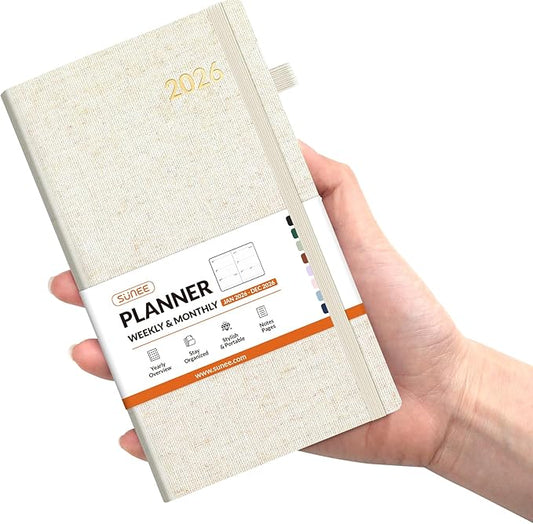 SUNEE 2026 Pocket Weekly Planner for Purse 3.5" x 6" - 12 Month (January 2026 - December 2026), Small Size Planner, Hardcover, Notes, Pocket, 100 GSM Paper, Beige