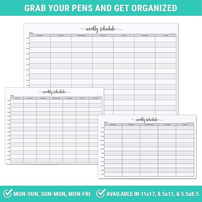 321Done Weekly Schedule Planning Notepad - 50 Sheets (8.5x11) – Hourly Appointment Productivity Weekly Planner Tear-Off Note Pad - Cute Simple Script Large Letter Size - Made in the USA