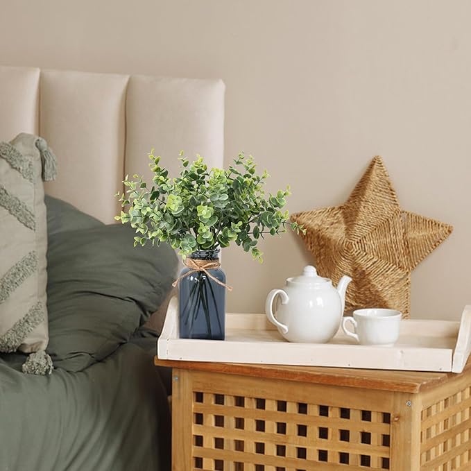 Leftover 8 PCS Faux Eucalyptus Stems in Black Glass Vase,Fake Plants Greenery Stems for Centerpiece Table Decorations,Fake Plants for Black Bathroom Decor(Sage Green)