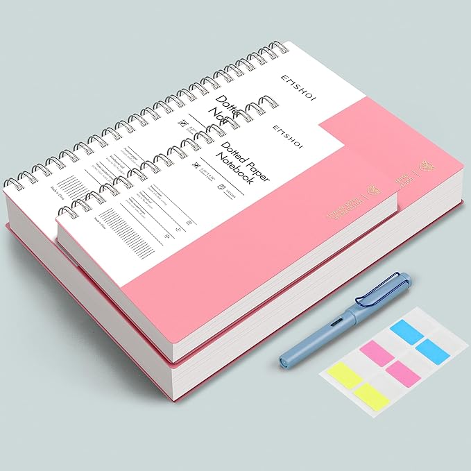 EMSHOI A4 Spiral Dotted Notebook - 150 Sheets (300 Pages), 100gsm Dot Grid Journal, Waterproof Softcover, Twin-Wire Binding Journal for School, Work, Writing, Bullet Journaling - 11.2"x8.27" Pink