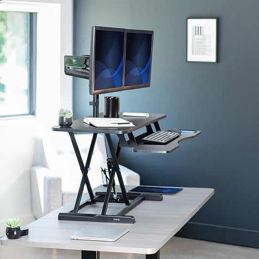 VIVO 42 inch Standing Desk Converter with Dual Monitor Mount for up to 32 inch Screens, Height Adjustable Riser with Pneumatic Spring Arms, Black, DESK-KIT-042K2K