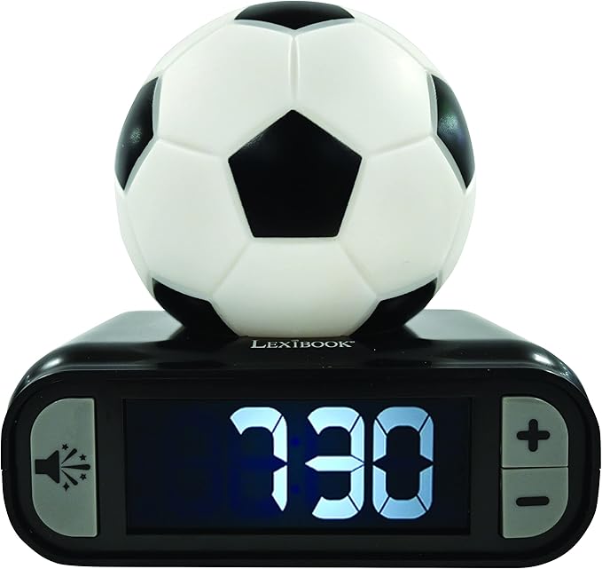 LEXiBOOK - Soccer Ball Digital Alarm Clock with Night Light Snooze, Clock, Luminous Soccer Ball, Black Colour - RL800FO