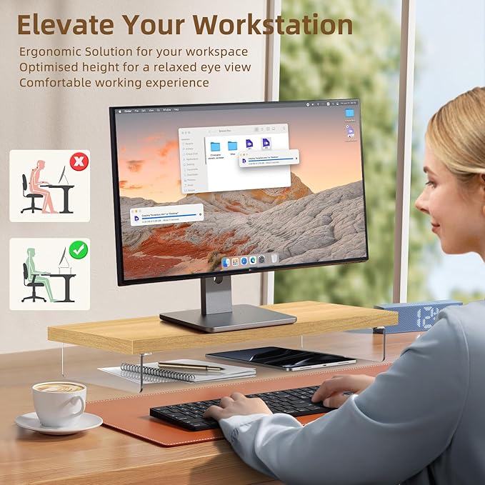 Dual Monitor Stand Riser, 40" Large Computer Monitor Stands for 2 Monitors, Wooden Desktop Organizer Shelf for Office Desk Computer, Laptop, TV, Monitor, Printer