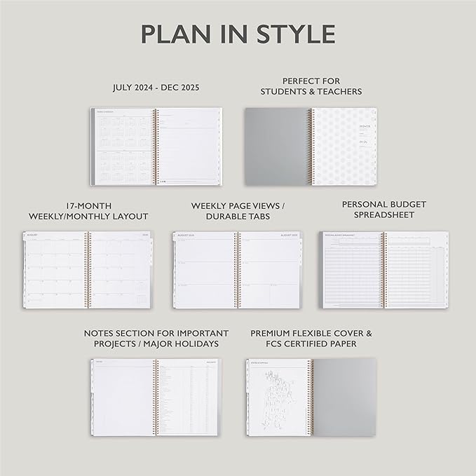 Blue Sky 17 Month 2024-2025 Academic Year Weekly and Monthly Planner From August 2024 - December 2025, 8.5" x 11", Flexible Cover, Wirebound, Silver Metallic (150659)