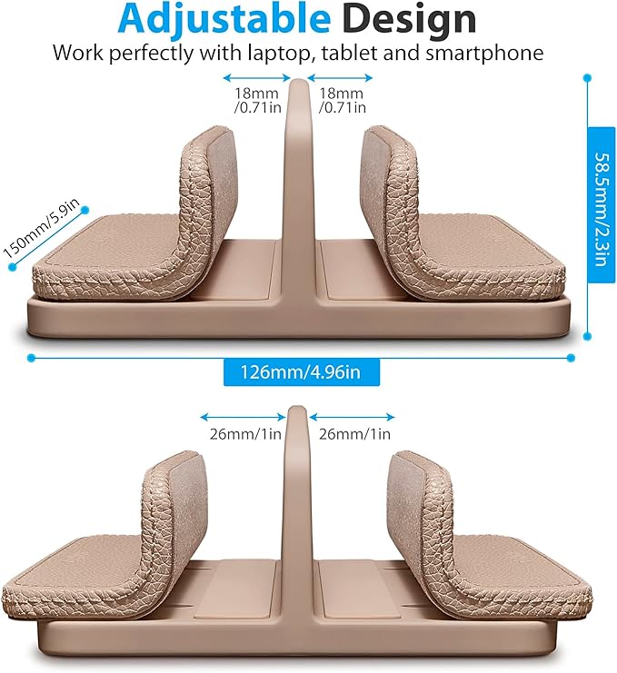 Leather Vertical Laptop Stand,Dual Laptop Holder Stand,Laptop Organizer with Adjustable Dock (18-26mm/0.7-1 in) for All MacBook/Tablet/Surface/Dell/iPad (Apricot)
