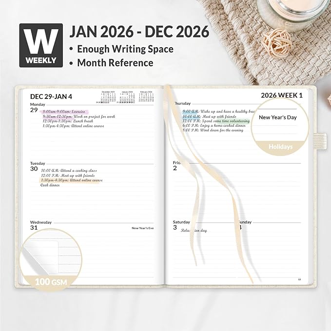 SUNEE 2026 Weekly & Monthly Hardcover Planner 5.5" x 8.3" - 12 Month (January 2026 - December 2026), Small Hardcover Planner, Pocket, Notes, 100 GSM Paper, Beige