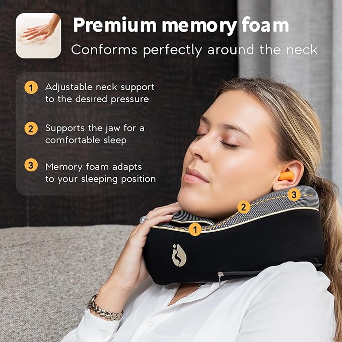 Travel Pillow - Airplane Neck Pillow with 360° Support - 100% Pure Memory Foam Flight Pillow for Sleeping on Airplanes - Travel Neck Pillow for Traveling