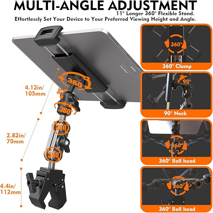 Tablet Holder for Spin Bike 360° Rotating Tablet Clamp Mount for Exercise Bikes, Peloton, Treadmill & Elliptical,Music Stand,Stationary Bike– Quick-Clip Handlebar Clamp Fits 4-13" Tablet&Phones
