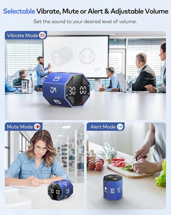 Pomodoro Timer Cube, Custom Pomodoro, Pause & Resume, Silent, Vibrate & Adjustable Sound Alert, for ADHD, Task, Work, Study, 3/5/10/15/30/45/60min & Custom Countdown, Blue