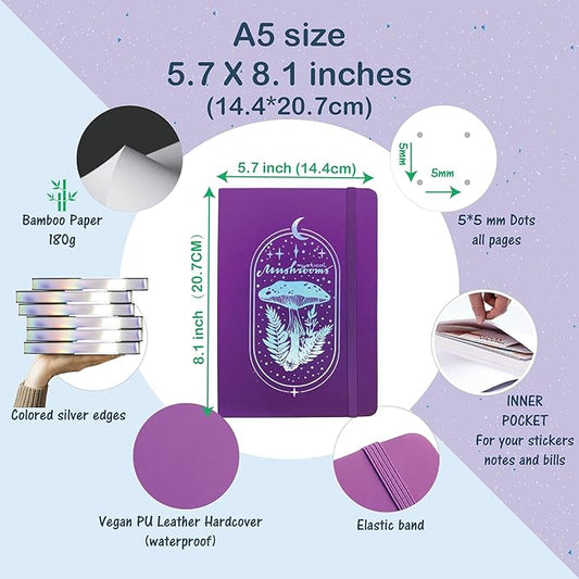 Dotted Notebook Journal 180GSM Bamboo Thick White Paper 160 Pages 5 * 5MM Dot Grid, Lay Flat Binding,Colored Silver Edges, Bookmarks and Expandable Back Pocket (BKP-1)