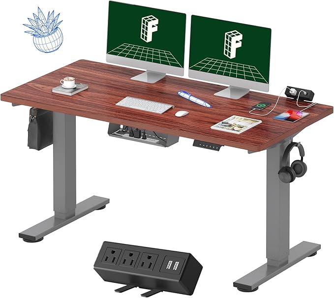FLEXISPOT EN2 Whole-Piece Standing Desk with Clamp Power Strip, 55 x 28” Electric Stand Up Height Adjustable Desk with Cable Management (Gray Frame + 55" Mahogany Top, 2 Packages)