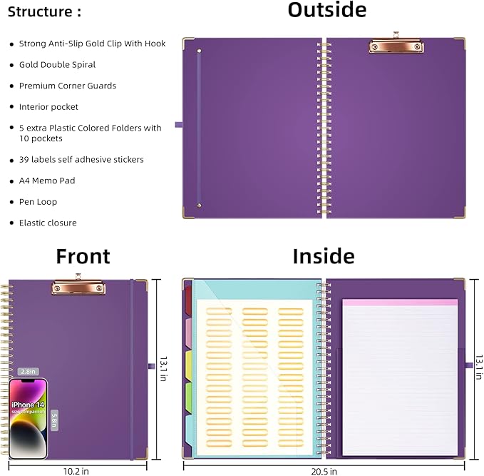 Ospelelf Clipboard with Storage 8.5 X 11，Padfolio Organizer, Spiral Portfolio Letter Size with Notepad, Pen Holder, 5 Extra Folder Divider Pages, Elastic Closure Nurse Office Essentials (Purple)