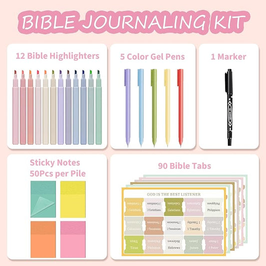 28 Pcs Bible Study Supplies, Journaling Kit for Women, Morandi Bible Study Kit with Pastel Highlighters and Tabs, Pens, Sticky Notes, Annotation Kit