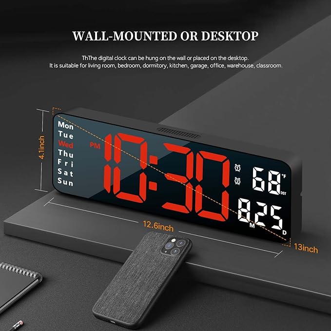 Digital Clock, Digital Wall Clock for Living Room Decor, Desk Alarm Clock for Bedroom, Large Wall Clock with Remote Control, Automatic Brightness Dimmer LED Clock with Date Temperature Week (Red-B)