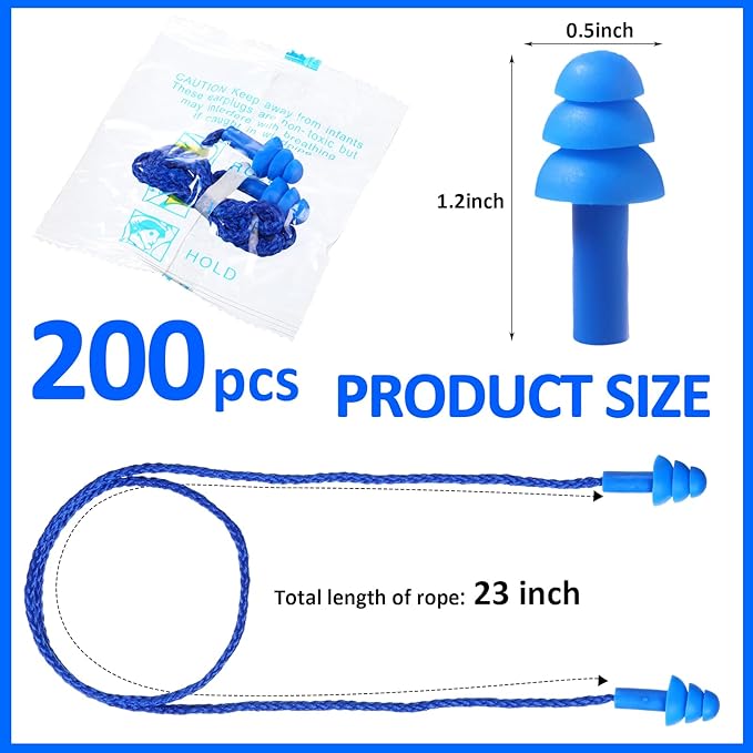 Xuhal 200 Pair Corded Ear Plugs Reusable Silicone Earplugs Individually Wrapped Hearing Protection Sleep Noise Cancelling for Work Construction Shooting Sports Noise Reduction(Blue, Dark Blue)