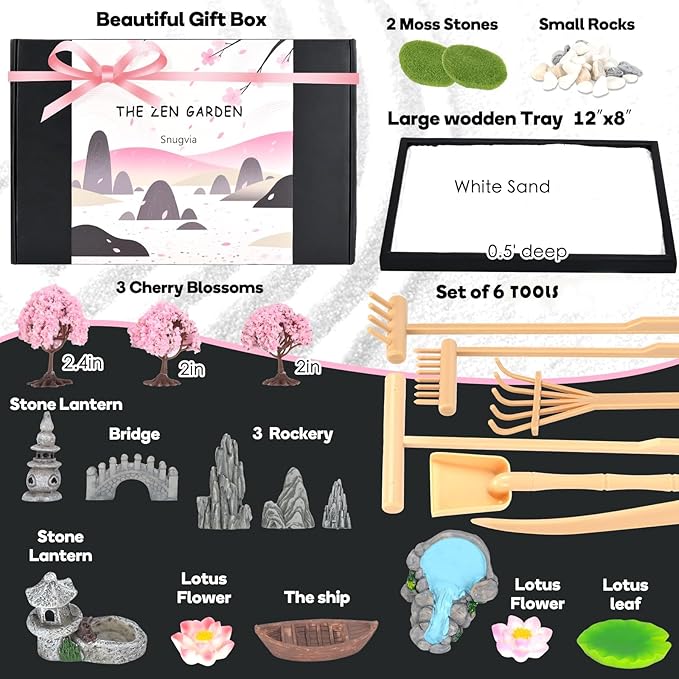 Zen Garden Kit for Desk 12x8in Premium Sand Tray Therapy Kit, Japanese Mini Zen Sand Garden Gift Set, 20 Accessories, Stress Relief Gifts, Meditation Home Office Desk Decor