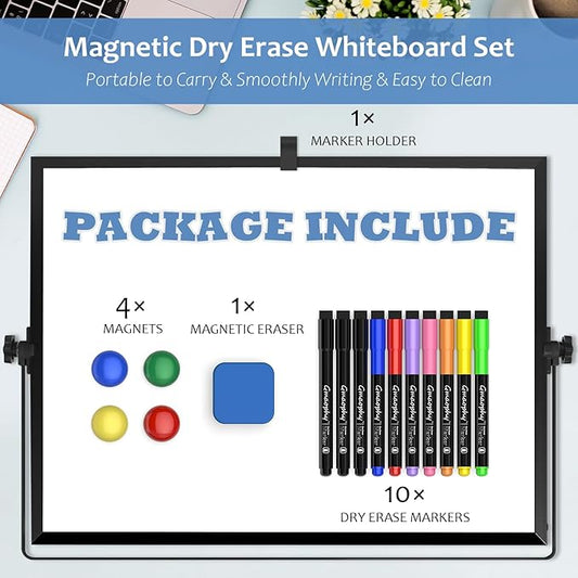 Dry Erase White Board, 16 x12 Inch Magnetic Whiteboard with Stand, Portable Double-Sided White Board Easel with 10 Markers 4 Magnets 1 Eraser, Desktop Dry Erase Board for Work School Memo to Do List