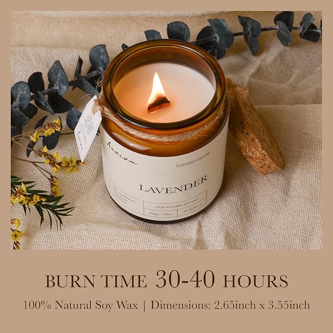Scented Candle, 7.05 oz Lavender Aromatherapy Candle, Natural Soy Wax with Wooden Wick, Candles for Home Scented, Stress Relief Amber Jar Candle Gifts