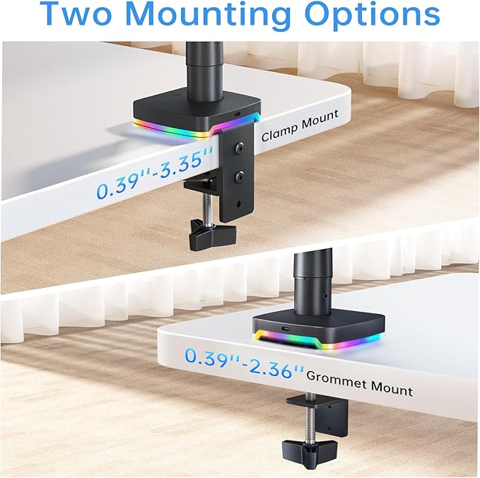 RGB Single Monitor Arm Desk Stand Gas Spring Computer Adjustable Monitor Mount for 13-32 inch Screens with RGB USB & USB-C High Speed Data Transfer C Clamp & Grommet Bases 75x75/100x100 VESA