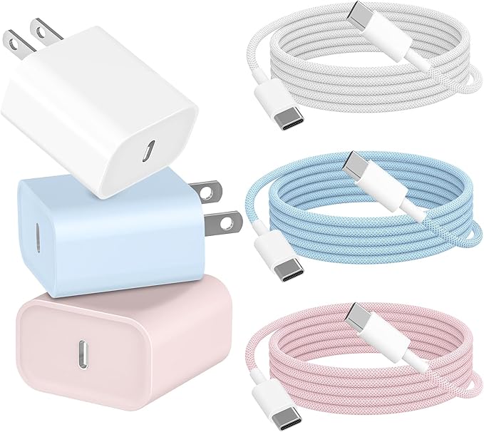 Fast Charging for iPhone 17 16 Pro Max Charger Colorful, 3Pack 20W USB C Fast Charger Block with 3Pack 6ft Long USB C Charging Braided Cable for iPhone 17/Air/16e/16/15 Pro, Airpods Pro, iPad Pro Air