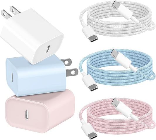 Fast Charging for iPhone 17 16 Pro Max Charger Colorful, 3Pack 20W USB C Fast Charger Block with 3Pack 6ft Long USB C Charging Braided Cable for iPhone 17/Air/16e/16/15 Pro, Airpods Pro, iPad Pro Air