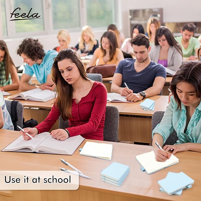 feela 3 Pack Pocket Small Notebook Journals, Mini Cute Memo Notepad Hardcover College Ruled Lined Journals with Pen Holder for Women Girls Office School, with 3 Black Pens, 3.5”x 5.5”, A6, Light Blue