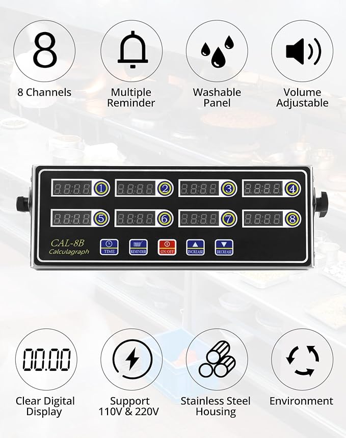 QWORK Digital Kitchen Timer - 8-Channel Multi-Timer with Waterproof Panel, Adjustable Volume