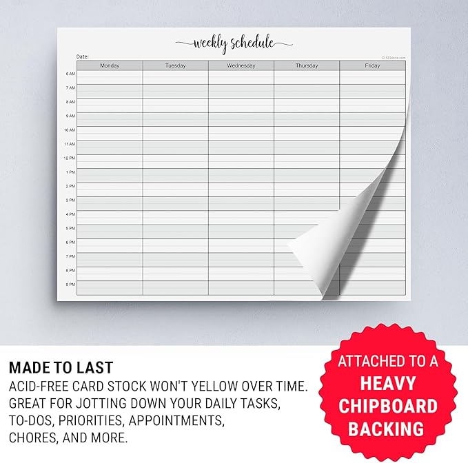 321Done Weekly Schedule Planning Notepad - 50 Sheets (8.5x11) – Hourly Appointment Productivity Weekly Planner Tear-Off Note Pad - Cute Simple Script Large Letter Size - Made in the USA