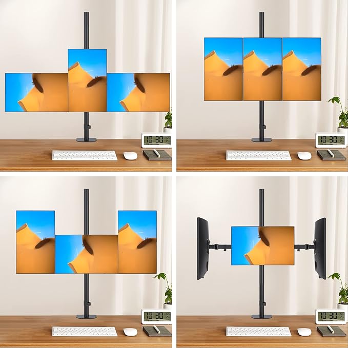 Pholiten Triple Monitor Stand,13 to 27 inch LCD Monitor Desk Mount,Extra Tall 31.5 inch Pole Heavy Duty Fully Adjustable Stand Mount