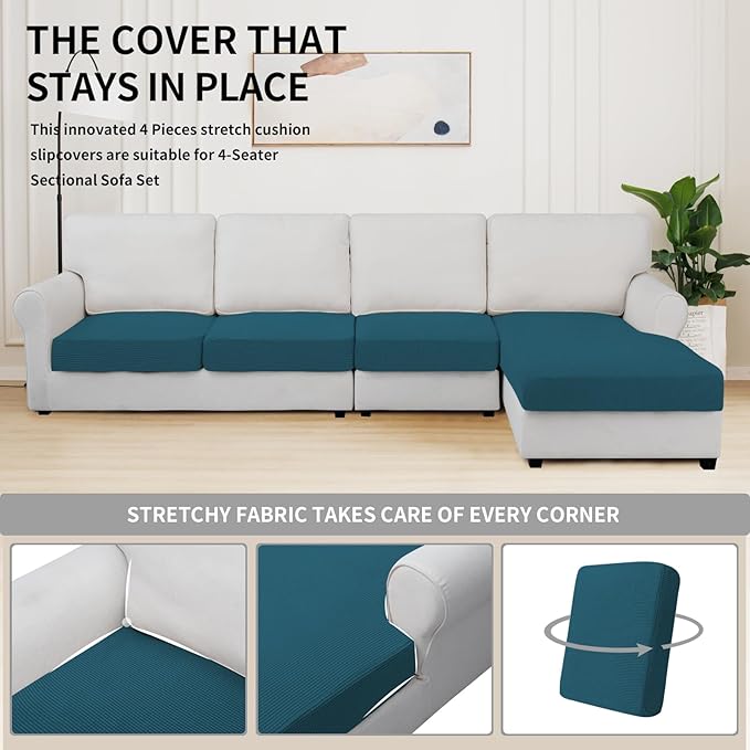 Easy-Going Stretch 4 Pieces Couch Cushion Covers for Sectional Sofa Left/Right L Shape Chaise Lounge Sofa Seat slipcover Anti-Slip Sofa Cover Soft (3 Seater + 1 Chaise, Peacock Blue)