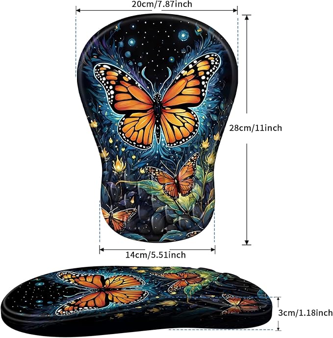 Ergonomic Mouse Pad with Wrist Rest Support, Mousepad with Comfortable Memory Foam Wrist Rest and Non-Slip PU Base for Pain Relief, Computer, Laptop, Office, Home (Butterfly)